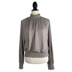 Free People Boulevard Top Textured Ruffle High Neck Taupe Gray, Size M